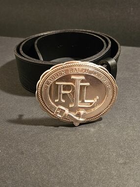Ralph Lauren Black Leather Belt with Gold Oval RL Buckle